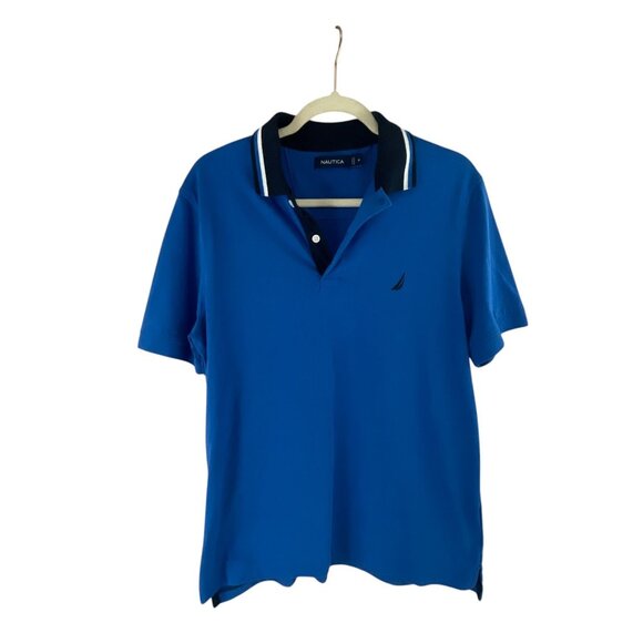 Nautica Mens Blue Polo Shirt Size M Cotton Blend Nautical Logo Short Sleeve - Picture 7 of 7